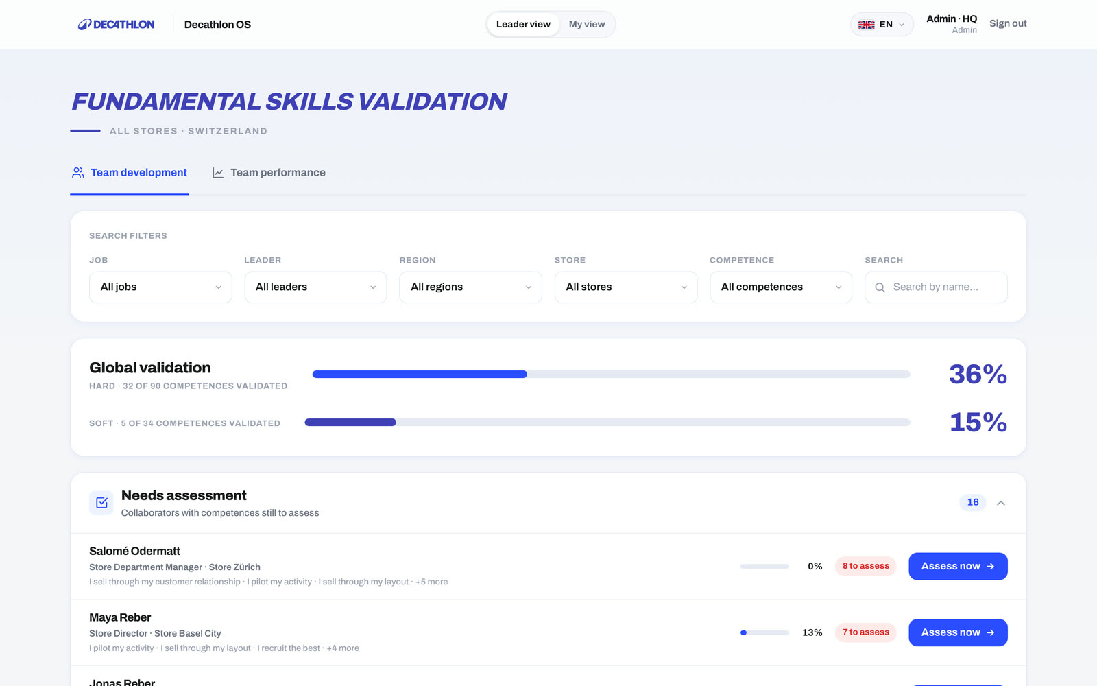 The skills-validation dashboard with filters, global validation percentages and the assessment queue