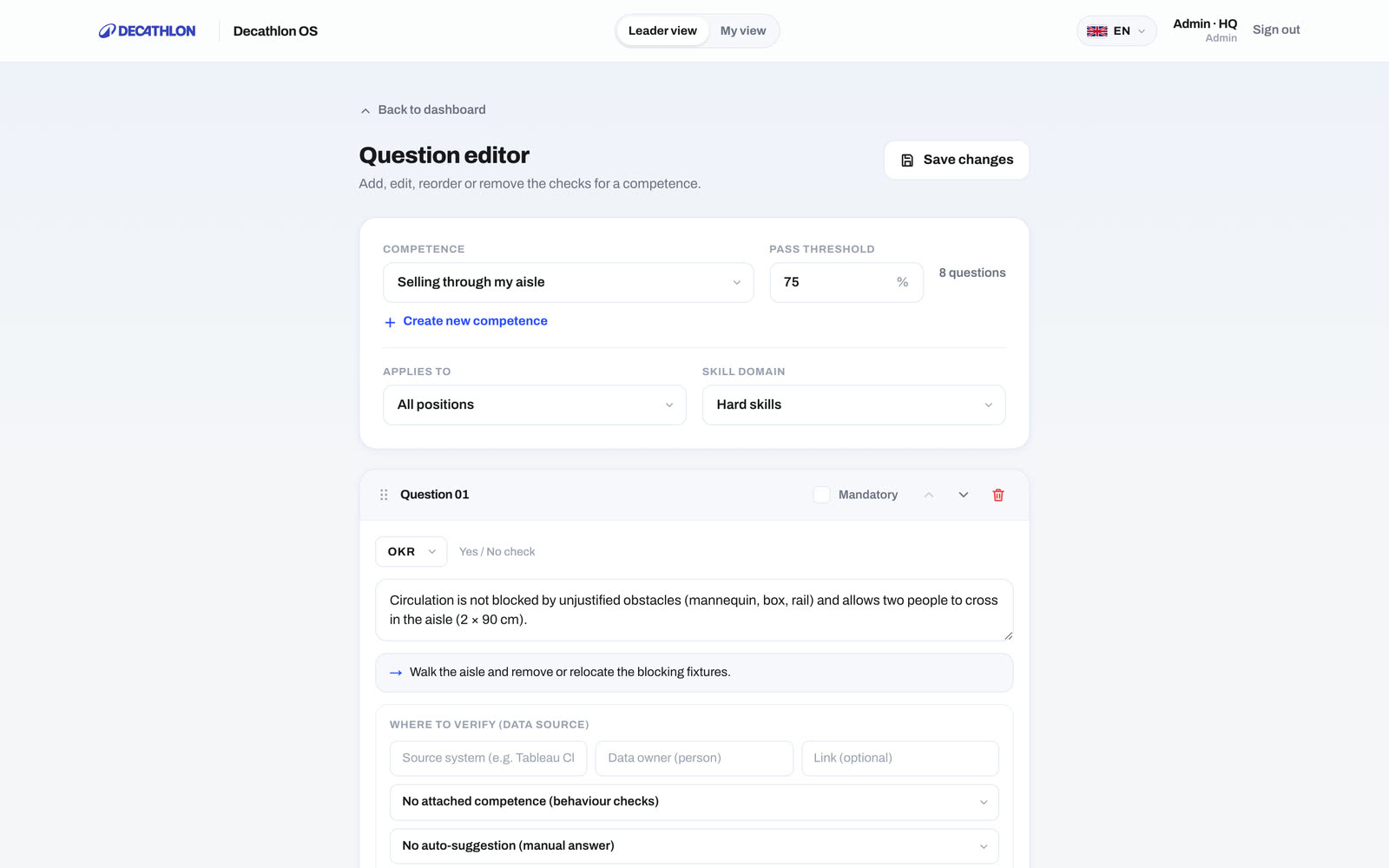 The competence editor with OKR, KPI and observation checks and thresholds