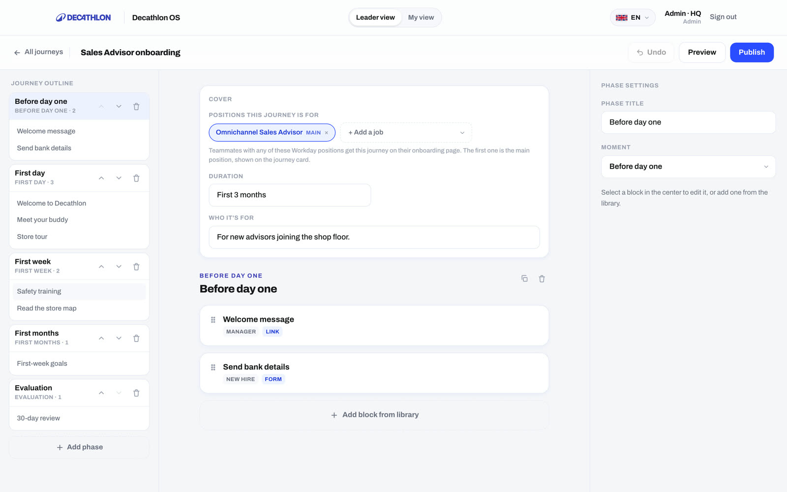 The onboarding creator: journey, phase and block structure with a live preview