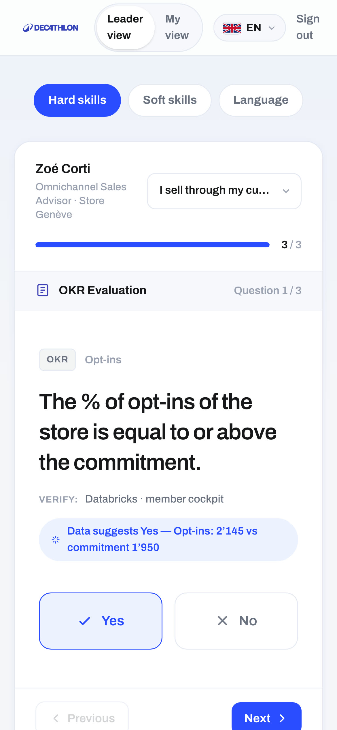 A mobile assessment with a data-suggested answer the leader can override